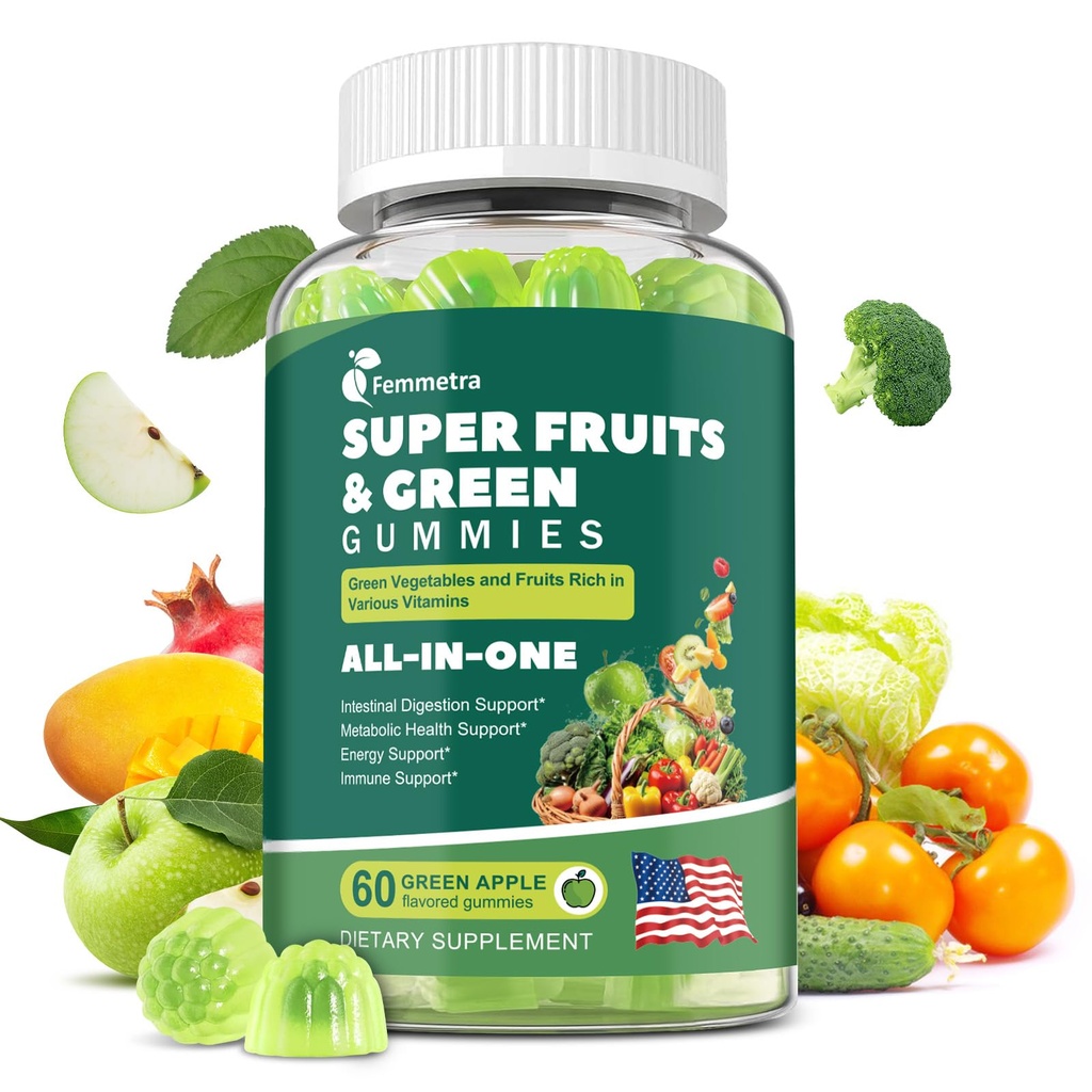 61-in-1 Supergreens Daily Gummies for Women and Men, Multivitamin Superfood Gummy with Probiotics for Metabolic, Energy, and Digestive Health, Sugar Free, Green Apple Flavor, 60 Count