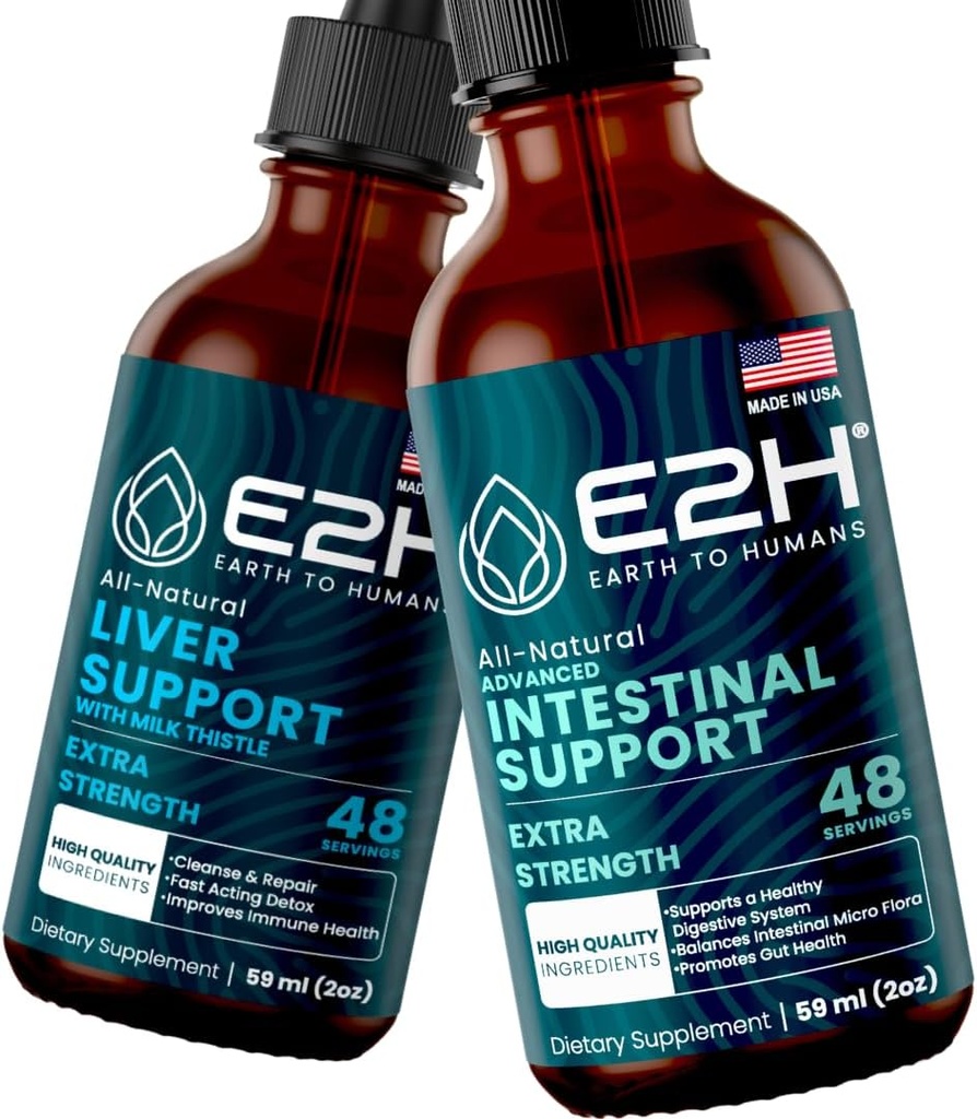 E2H: Suplement do Podparcia Wątroby i Advanced Intestinal Support 124; Wegan, Non-GMO - 2 Fl Oz Each (4 Fl Oz Total) - Bundle