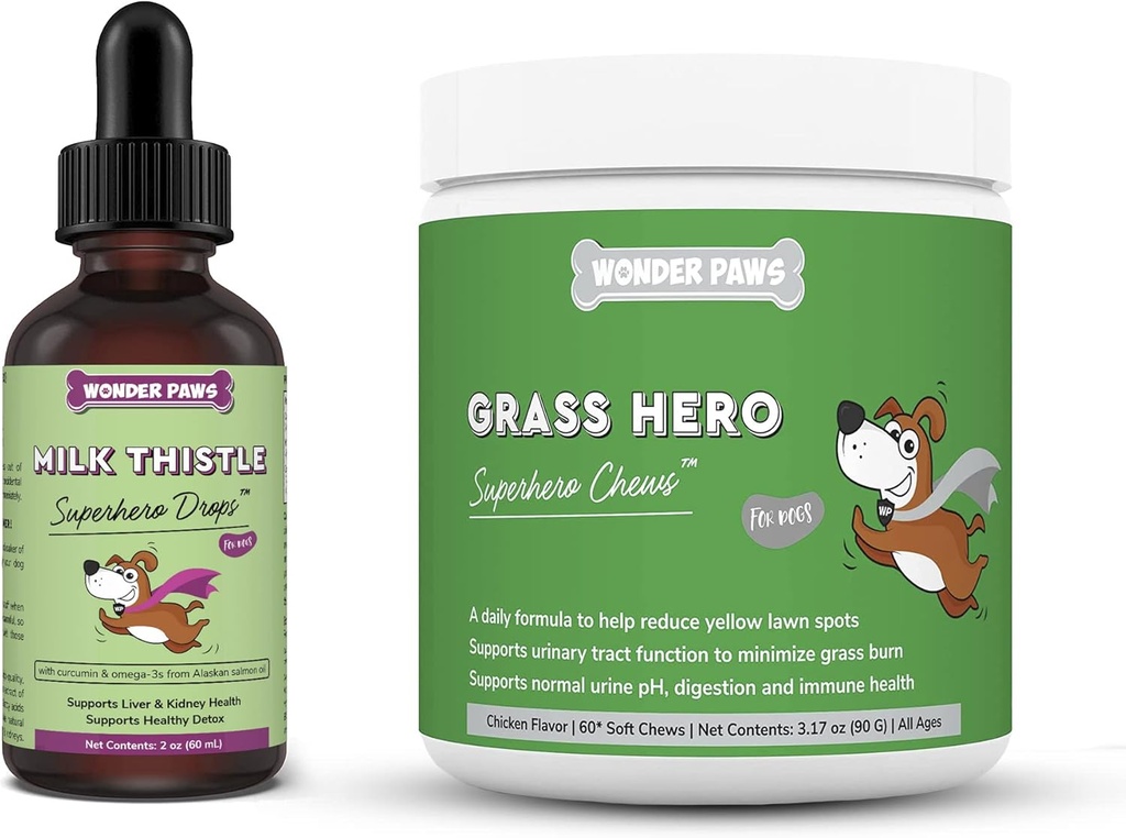WONDER PAWS Milk Thistle Drops Plus Grass Hero Soft Chews - för hundar lever och njursupport, Detox & Urinary Tract Health - Milk Thistle 2 Ounces - Grass Hero 60 Chews