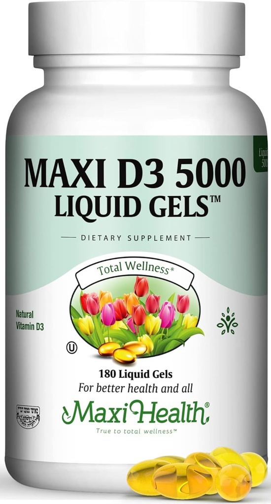 Maxi health D3 5000 Liquid Gels - Naturala Vitamina D3 - Nutrition suplementari - 180 Capules - Kosher