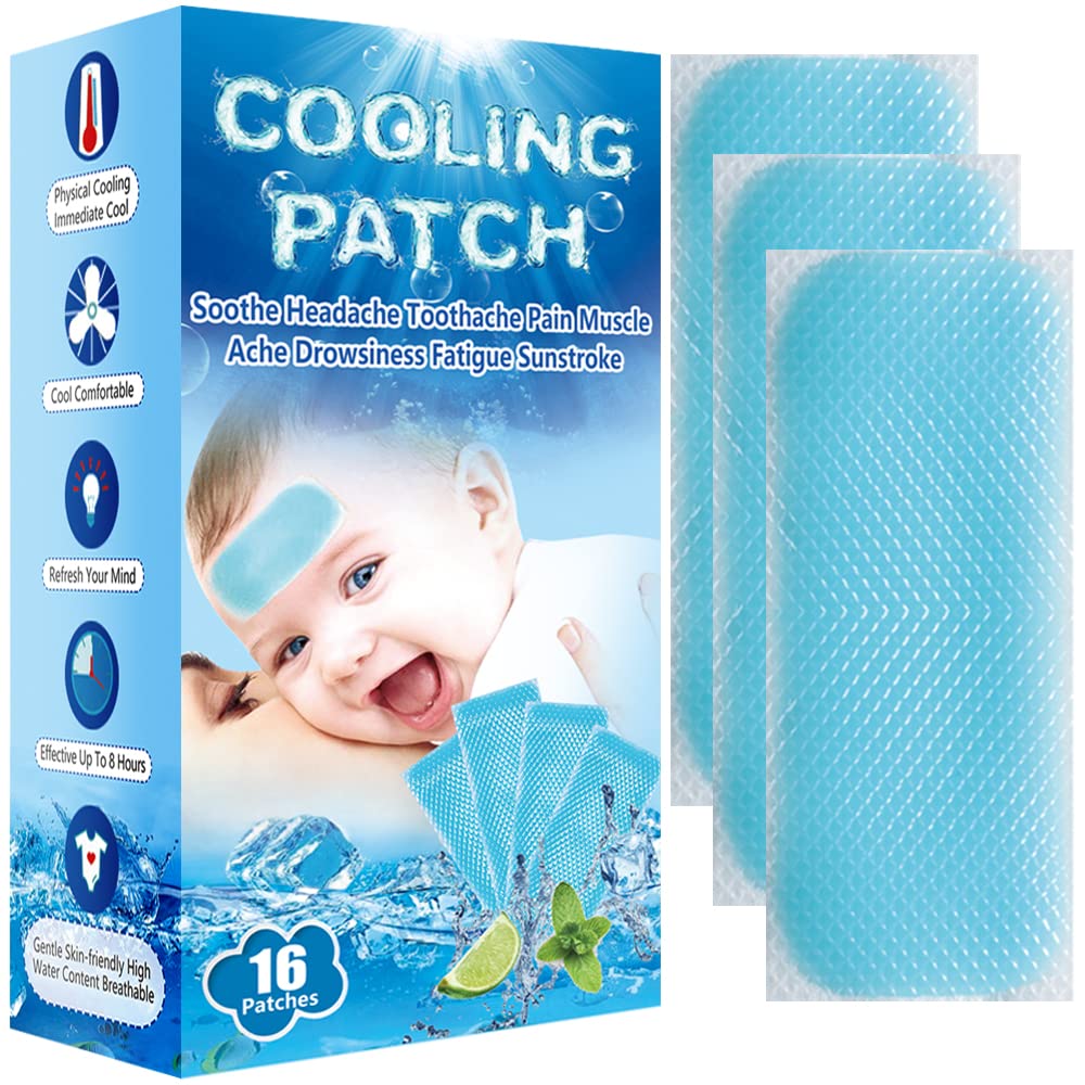 EASYEAH 16 Sheets Baby Cool Pads for Kids Fever Discomfort and Pain Relief | Cooling Fever Patch for Kids, Migraine Relief, Cooling Relief Fever Reducer, Headache Soother, Cooling Patch, Lasts 8 Hours