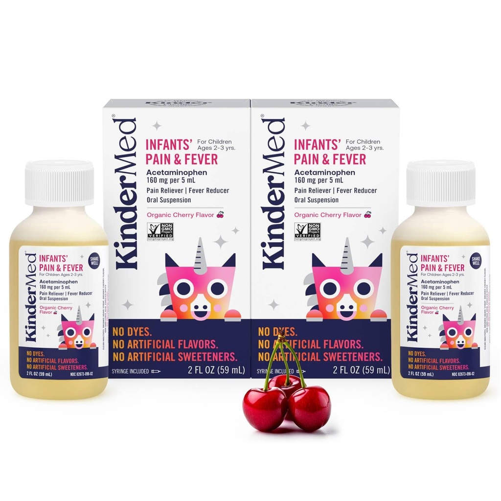 KinderMed Infants' Pain & Fever Medicine, No Dyes, No Artificial Flavors, No Artificial Sweeteners, Vegan, Non-GMO, Gluten Free, Organic Cherry Flavor, Two Pack, 2 x 2 fl. oz
