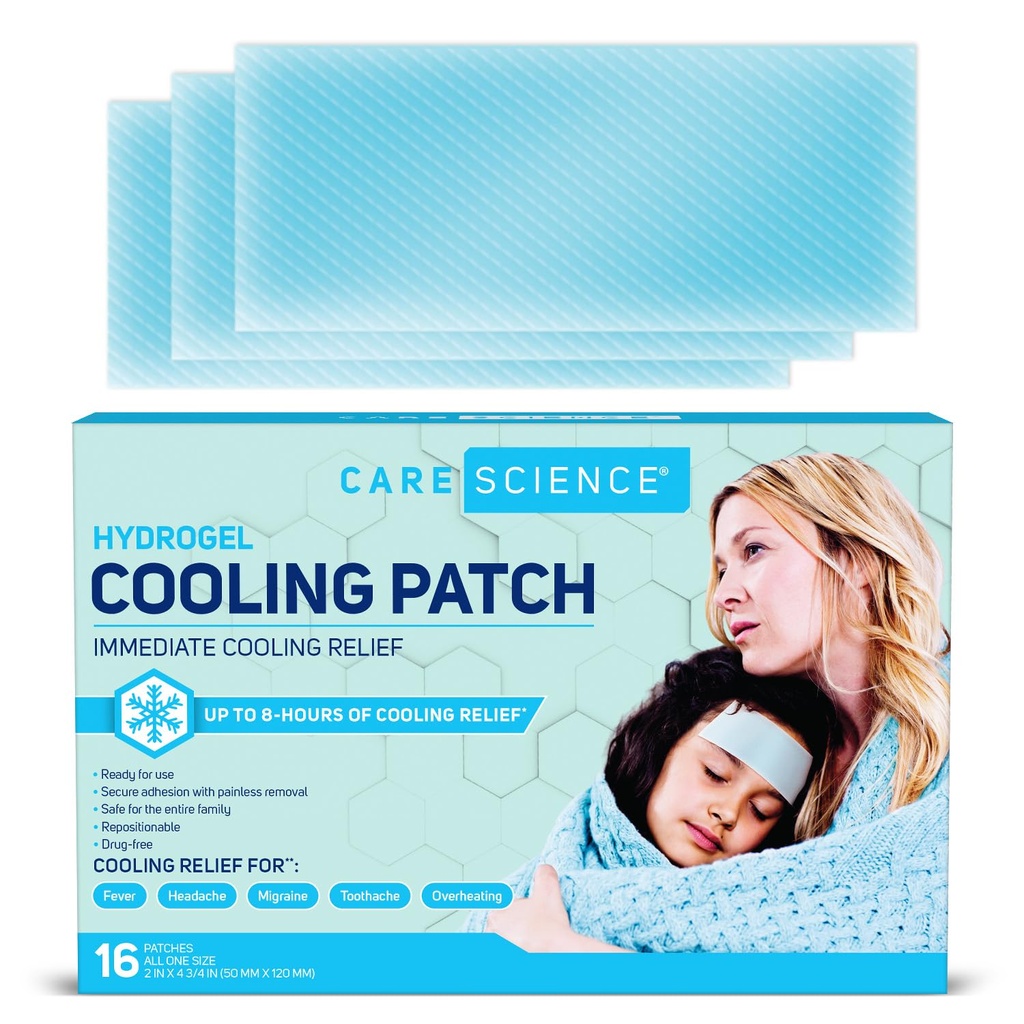 Care Science Hydrogel Cooling Patch 16ct | Cooling Patches for Headache and Fever Relief, Ready-to-use, Drug Free