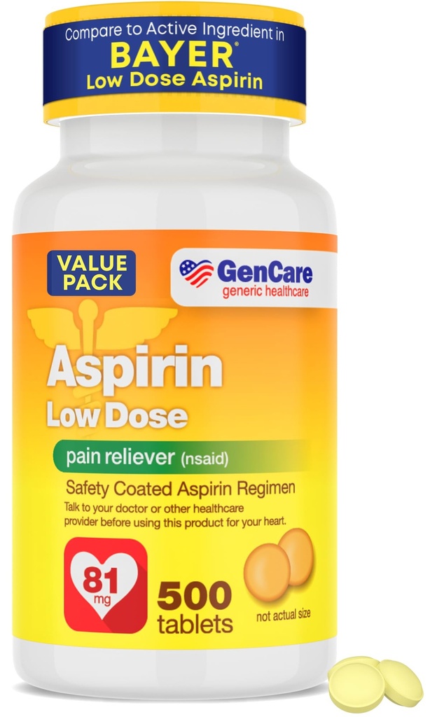 GenCare - Low Dose Aspirin 81mg for Adults Coated (NSAID) 500 Tablets | Adult Low Dose | Enteric Coated Aspirin Pills | Muscle Pain & Menstrual Pain Relief | Fever Reducer | Generic Bayer