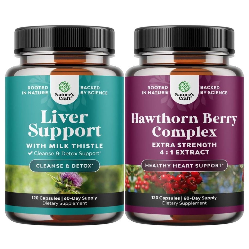 Bundle of Liver Cleanse Detox & Repair - Milk Thistle Dandelion Root Choline Beetroot Artichoke Extract and High Strength Hawthorn Berry with Leaf & Flower Extract 4:1 for Healthy Heart & Digestion