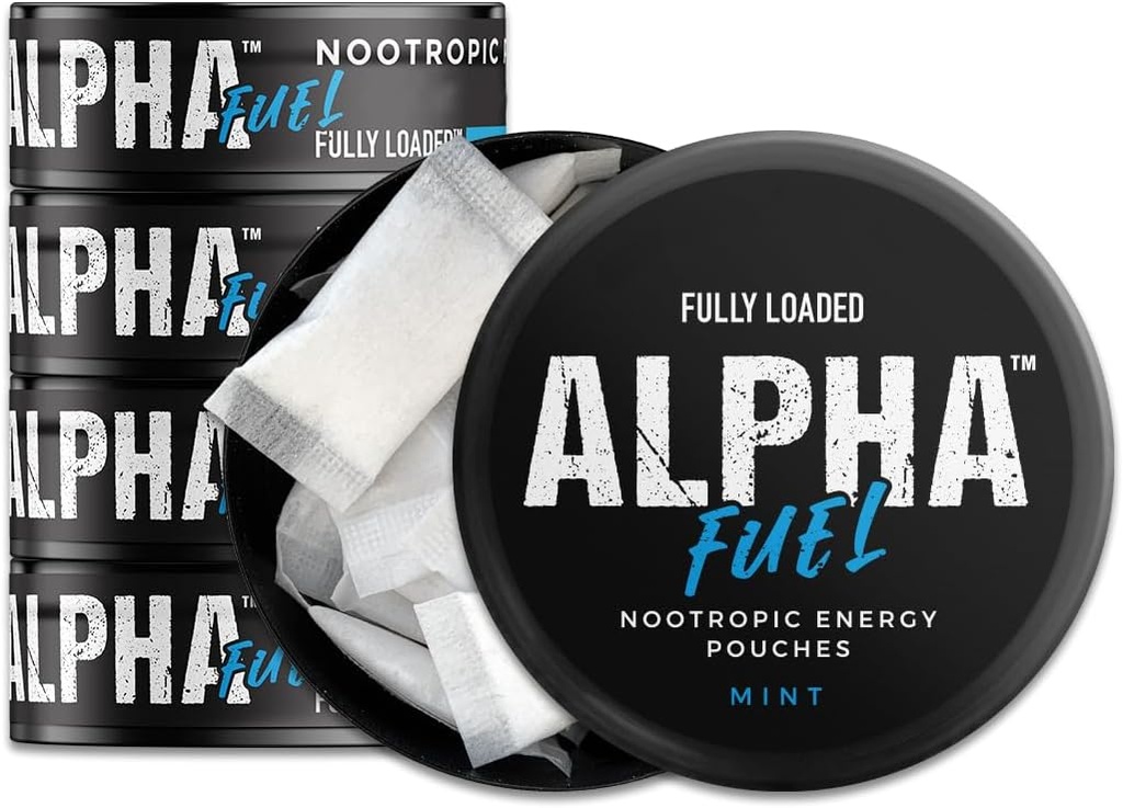 Volllastig geladen Alpha Fuel Nootropic Pouches (Mint Fuel) - 5 Cans, 15 Pouches per can - Nootropic Energy Pouches mit Koffein, Alpha GPC, Tyrosine, Taurine, Guarana und mehr.