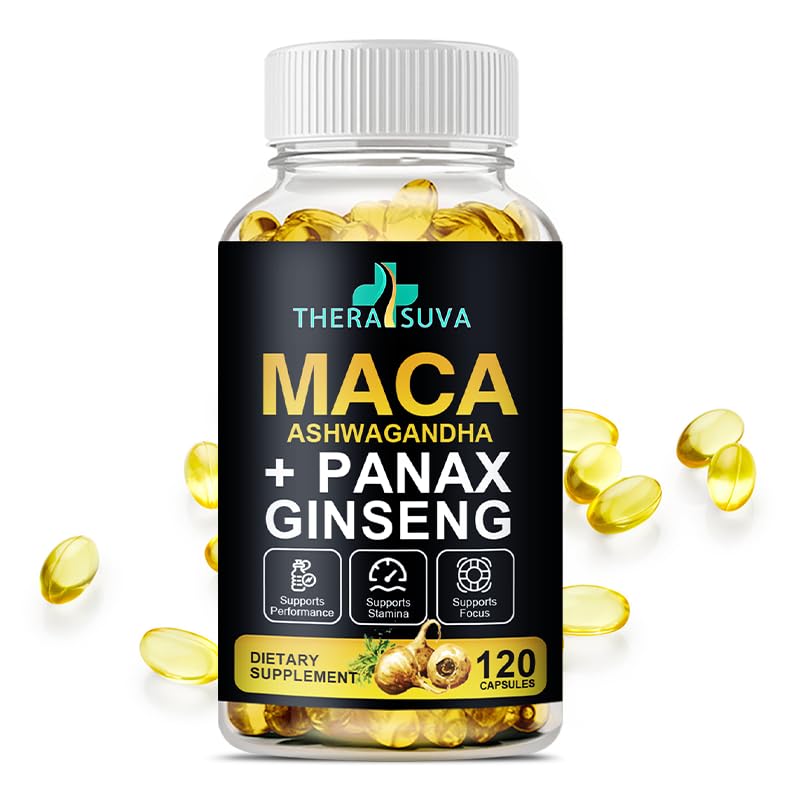 3 in 1 Ashwagandha + Maca Root + Panax Ginseng - Natural Supplement for Energy, Stamina, and Stress Support, 120 Softgels