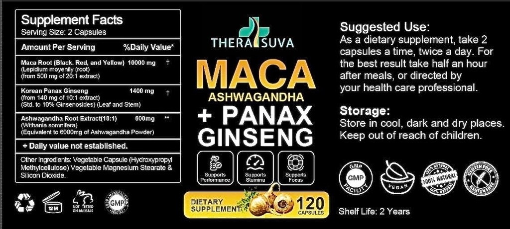 3 in 1 Ashwagandha + Maca Root + Panax Ginseng - Natural Supplement for Energy, Stamina, ja stressi tuki, 120 Softgels