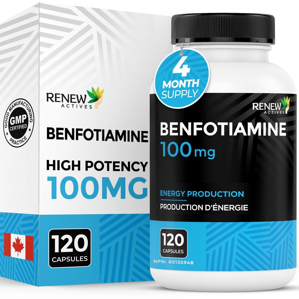 Renew Actives Benfotiamine 100mg – Supports Energy Production & Overall Wellness – Vegan, Non-GMO, Gluten-Free – 120 Capsules
