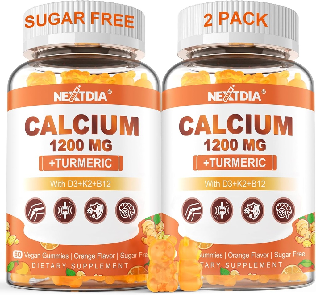 Calcium 1200 מ"ג עם ויטמין D3 Gummies - Calcium + תוסף Turmeric לנשים וגברים עם ויטמין K2 B12 - תמיכה העצם & שריר - סוכר חינם - טבעוני (120 הרוזן)