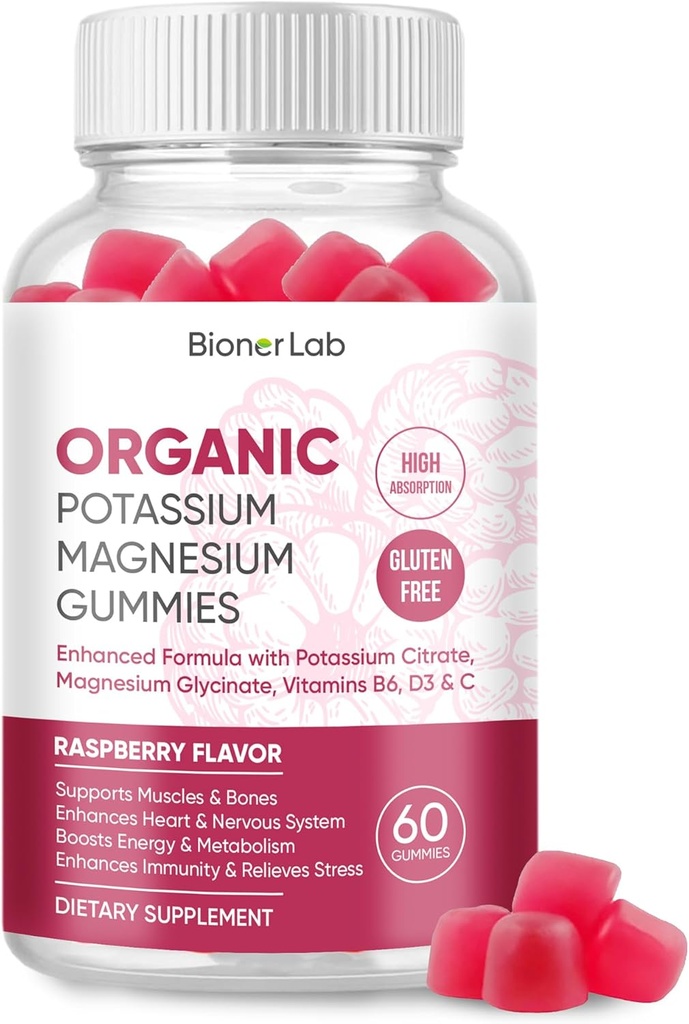 BionerLab Potasio Magnesio Gummies con Vitamina D3 B6 C - Alta Absorción Potasio 99mg Magnesio Glycinate 250mg Suplementos Chewable para Mujeres Hombre Adultos Niños