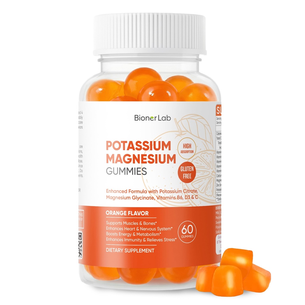 BionerLab Potassium Magnesium Gummies with Vitamin D3 B6 C - High Absorption Potassium 99mg Magnesium Glycinate 250mg Chewable Supplements for Women Men Adults Kids