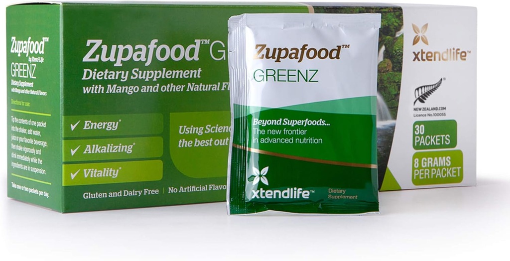 Xtendlife Zupafood GREENZパウダー - オーガニックグリーンパウダースーパーフードデトックスジュースミックス with Spirulina/Wheatgras for Gut Health, ナチュラルデトックス&強力な免疫 | 30パック(Vegan&Gluten Free)