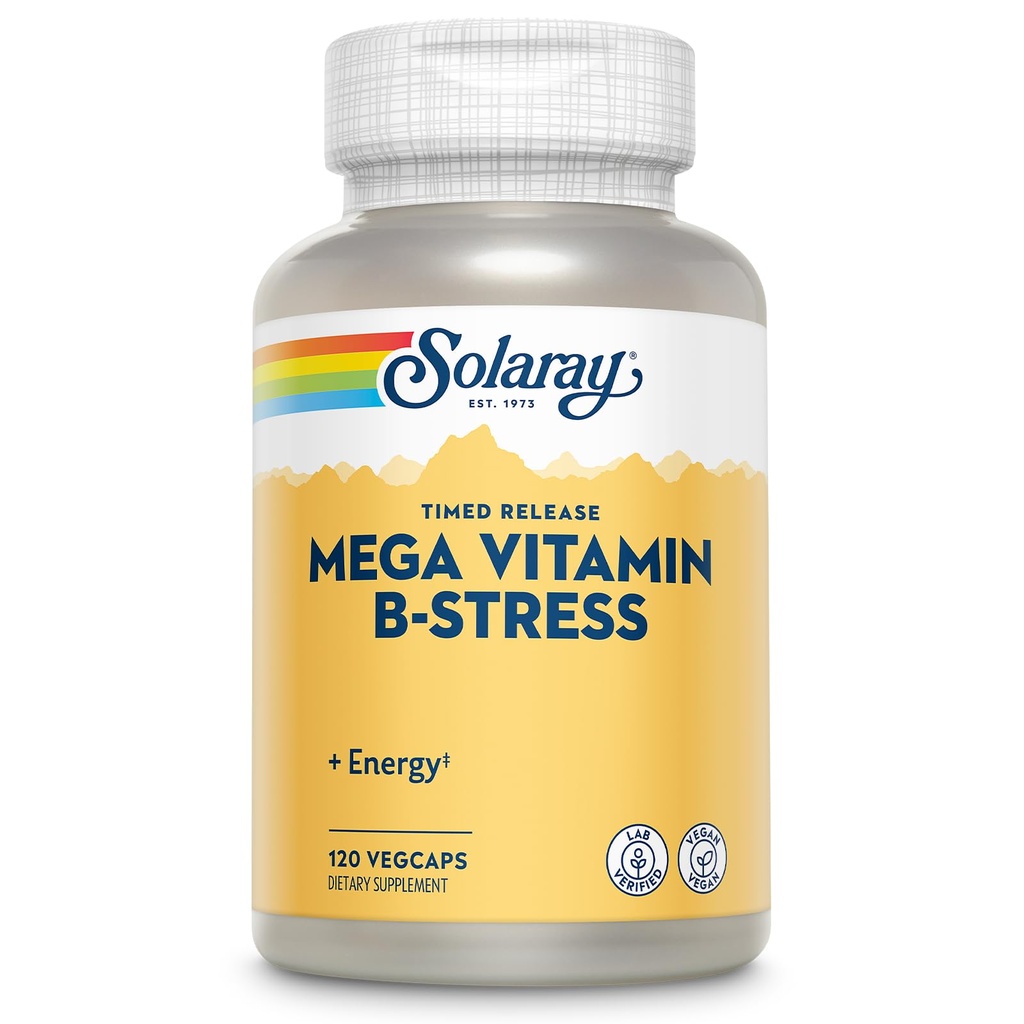 SOLARAY Mega Vitamin B-Stress, Timed-Release Vitamin B Complex with 1000 mg of Vitamin C for Stress, Energy, Red Blood Cell & Immune Support, 60 Day Guarantee, Vegan, 40 Servings, 120 VegCaps