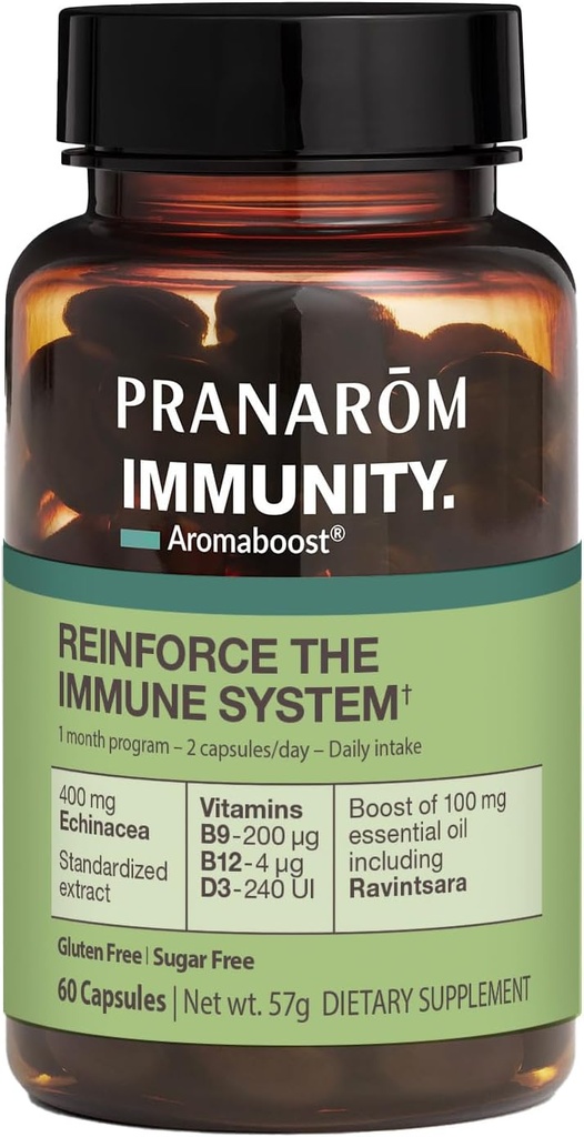 Pranarom - Aromaboost Immunity Herbal Supplement - Black Cumin, Echinacea, Vitaminer B9, B12, D3, Pure Ravintsara Essential Oil for immun Support - 60 kapsler