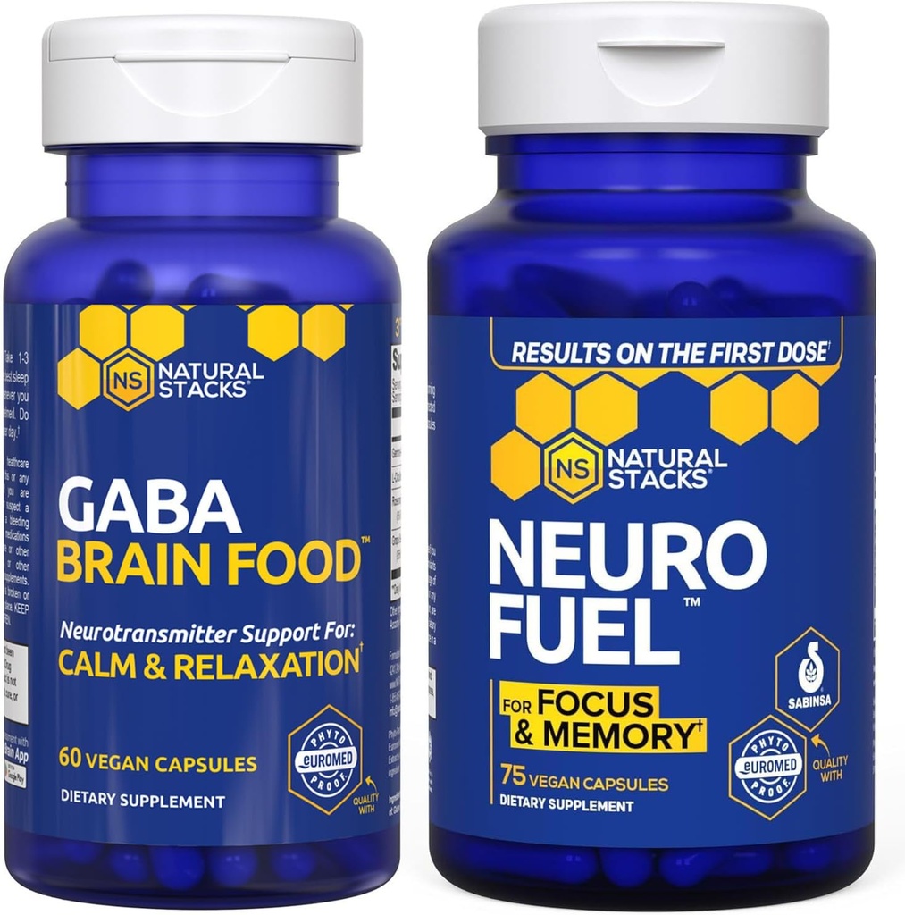 NATURAL STACKS NeuroFuel Nootropic + GABA Brain Food Bundle - Suporta Memória, Relaxamento e Foco* - 135 Cápsulas
