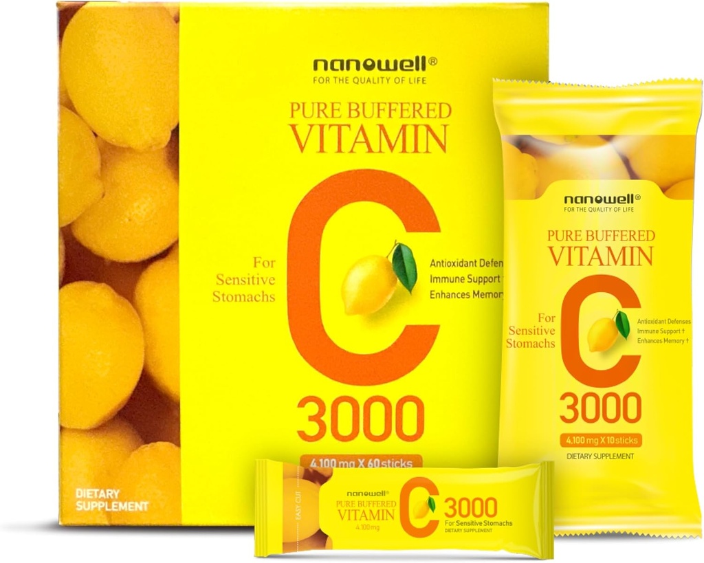 NANOWELL Pure Buffered Vitamin C 3000 mg per porzione, Integratore alimentare per il supporto immunitario - 60 Sticks x 1 Box, 2 Mesi di alimentazione (60 Conteggio)