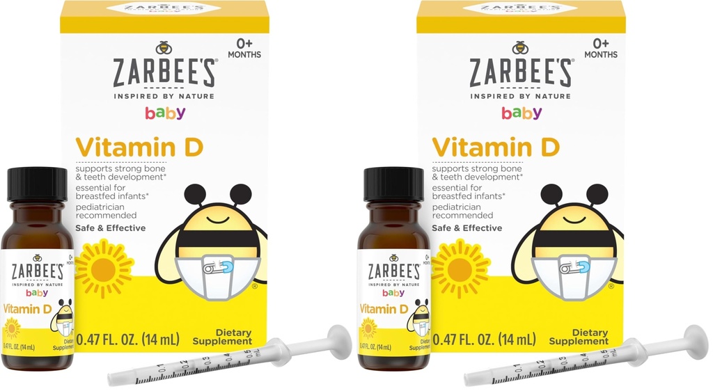Zarbee's Vitamin D Drops for Infants,400IU (10mcg) Baby & Toddler Liquid Supplement,Newborn & Up,Dropper Syringe Included,0.47 Fl Oz,(Pack of 2)