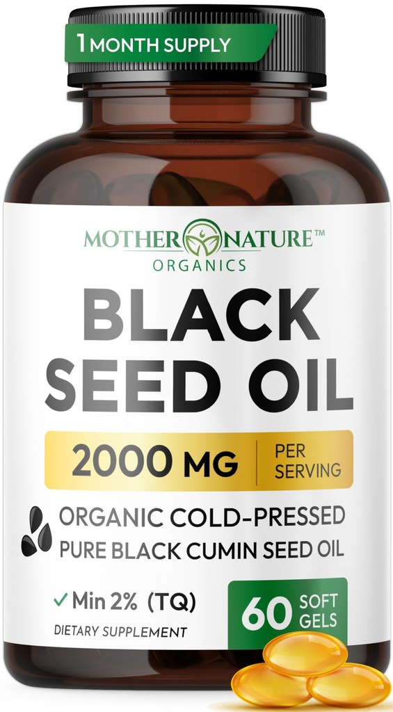 Black Seed Oil Capsules 2000mg Per Serving, Organic Cold Pressed Black Cumin, High TQ, Immune & Joint Support, 60 Count (1 Month Supply)