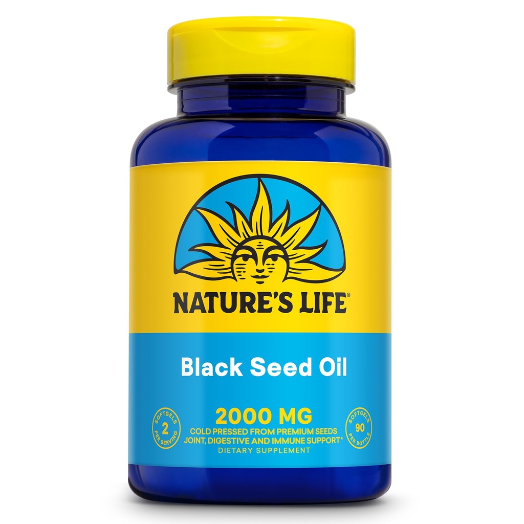 Nature's Life Black Seed Oil 2000mg - Nigella Sativa Oil, Cold Pressed from Black Seeds - w/Thymoquinone, Omega 6 9 - Joint Support, Digestion, Immune Support - 60-Day Guarantee, 45 Serv, 90 Softgels