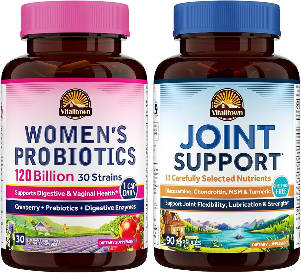 Vitalitown Women's Probiotic & Joint Support Bundle (Pack of 2) | Probiotics 120 Billion (Item 1) & Joint Support (Item 2) | Shelf Stable | Joint & Women's Health | Menopause