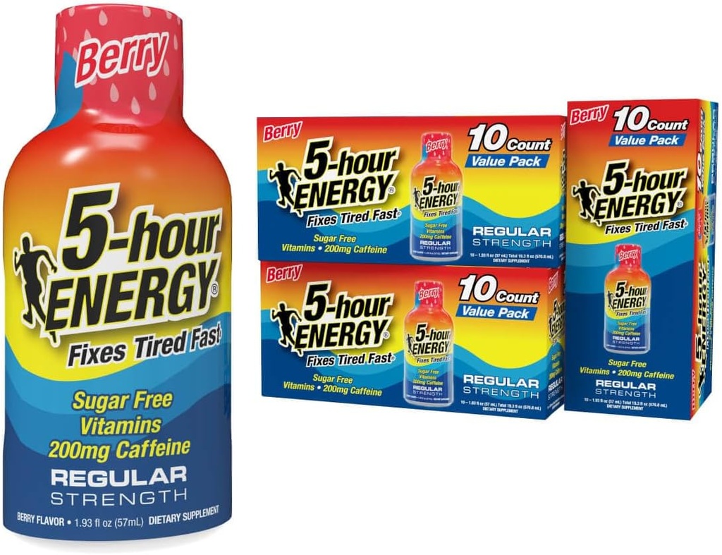 5-hour ENERGY Shots Reguler, Berry Flavor, 30 Count, 1.93 Fl Oz, Sugar Free, Zero Calories, Amino Acids dan Esculb Vitamin, Dietary Supplemen, Feel Alert dan Energized, 200 mg Caffeine