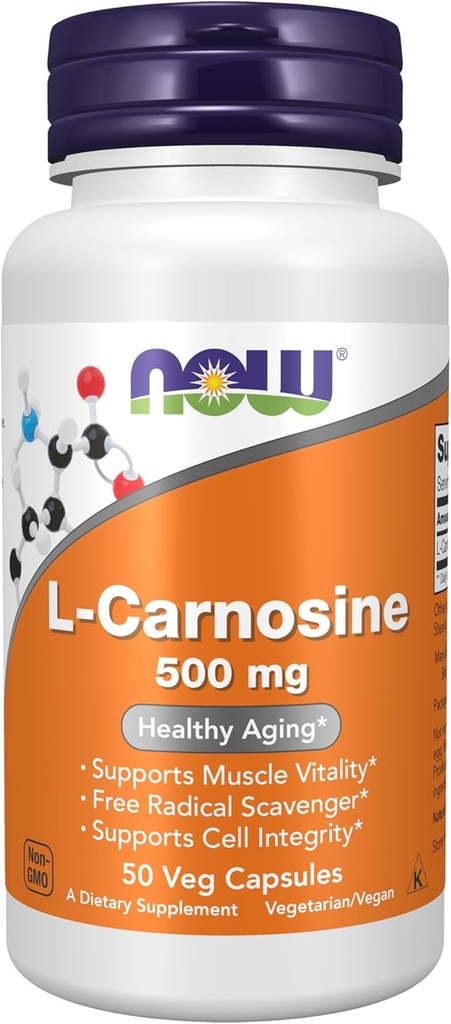 Bây giờ hỗ trợ thực phẩm, L-Carnosine (Beta-Alanyl-L- Histidine) 500 mg, Healthy Aging, 50 Veg Capsules