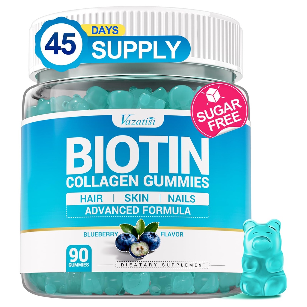 Biotin Gummies 15,000 mcg with Collagen & Keratin – 13-in-1 Hair Skin & Nails Gummies for Women & Men, Hair Growth, Sugar Free Non-GMO, Blueberry, 90 Count