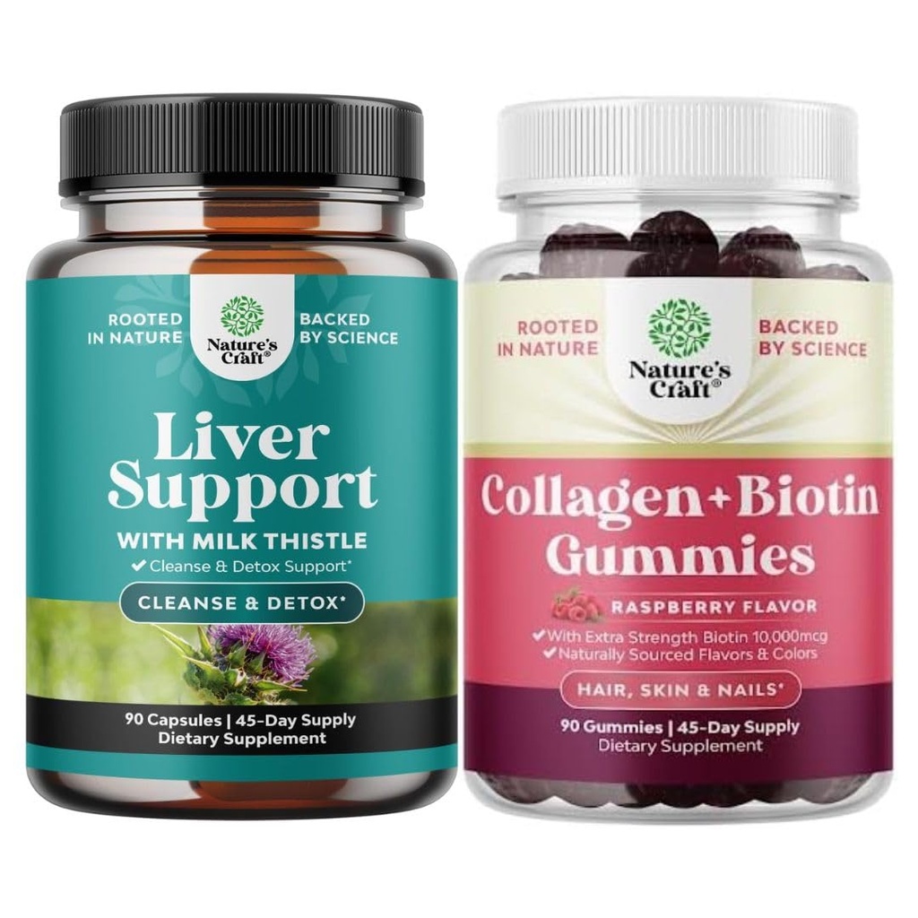 Bundle of Liver Cleanse Detox & Repair - Milk Thistle Dandelion Root Choline Beetroot Artichoke Extract and Hair Skin & Nails Gummies for Women - Extra Strength Biotin & Collagen 10000mcg per serving