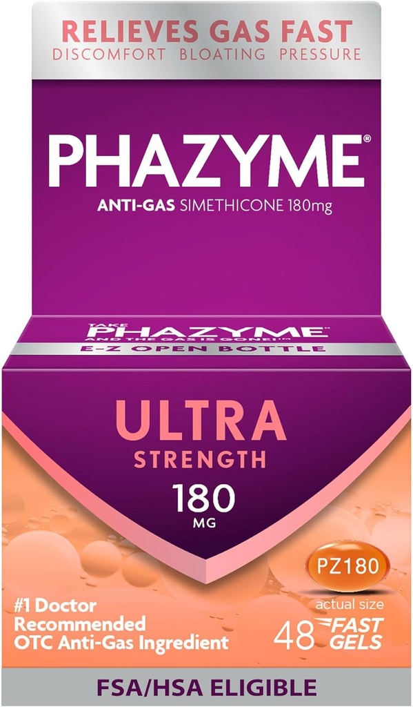 Pazyme แก๊สบรรเทา, ก๊าซอุตุนิยมวิทยาและ loating การบรรเทาสําหรับผู้ใหญ่ 180 mg Simeticone Friet Gells, 48 เคานต์