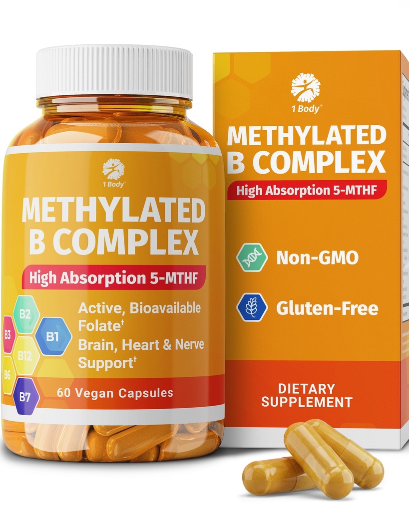 1 Body Methylated B Complex with 5-MTHF Folate & Methyl B12 – Active B Vitamin Complex for Energy Metabolism, Nervous System & Methylation Support – 60 Capsules