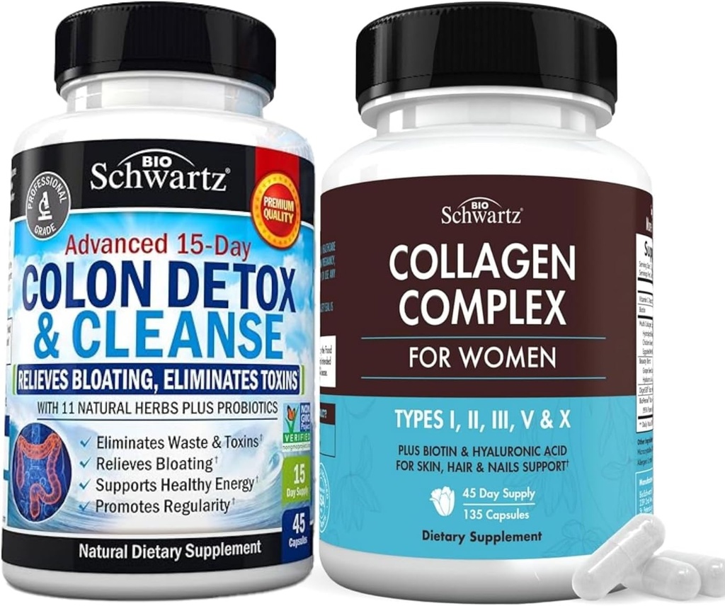 BioSchwartz 15 Day Cleanse for Colon and Gut Health Plus Hydrolyzed Collagen Peptide Capsules (Supply Hari 45)