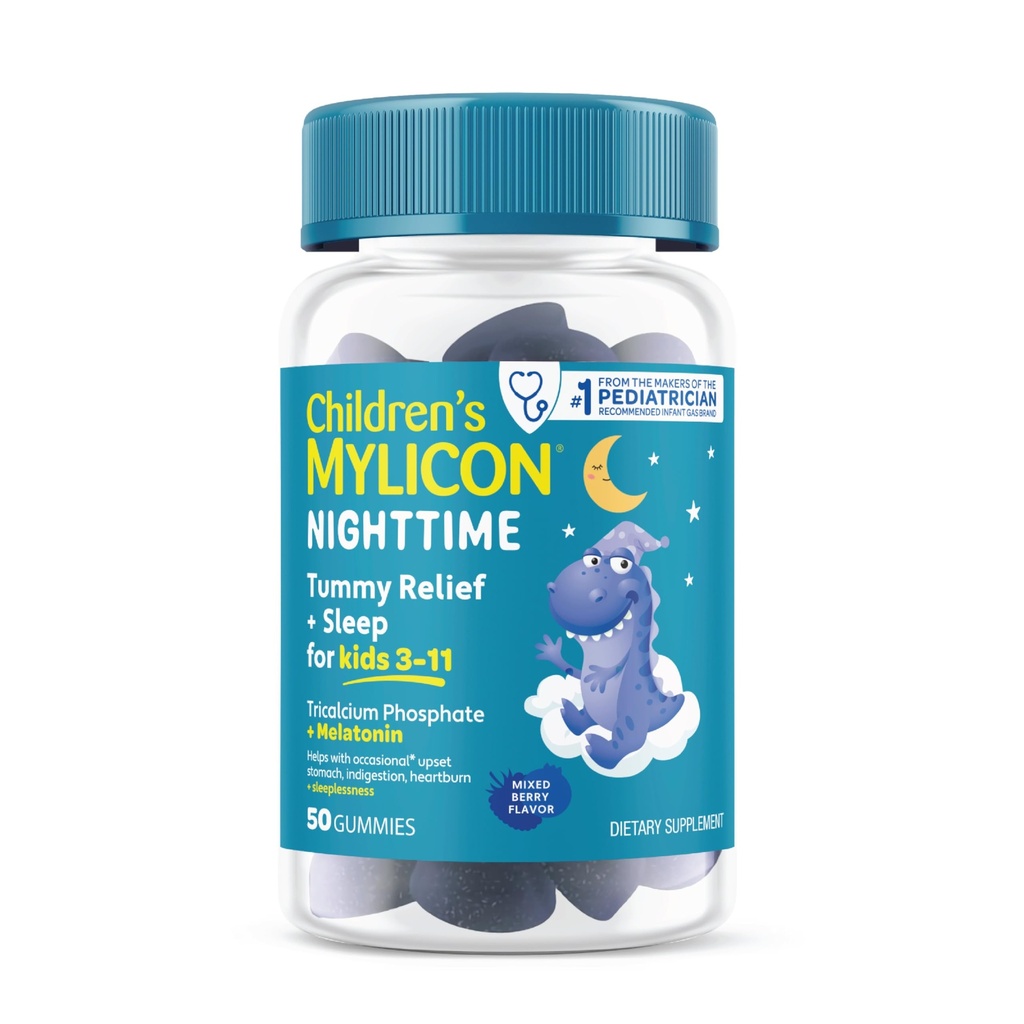MYLICON Tummy Relief + Sleep Gummies with Melatonin for Kids | Helps Relieve Occasional Upset Stomach and Indigestion | with Sleep Support. Mixed Berry Flavor, 50 Count