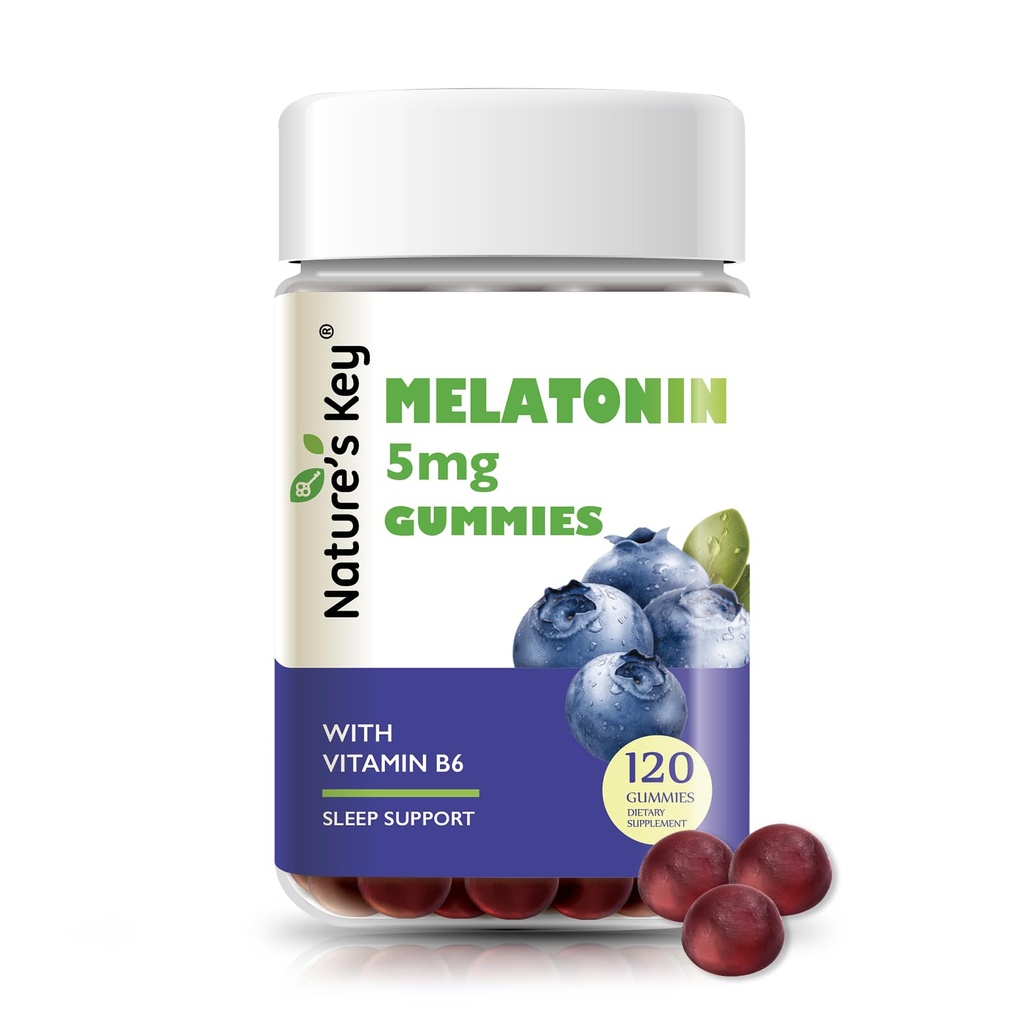 Nature's Key Melatonin Gummies for Kids & Adults, 2.5mg 5mg or 10mg Dose Gummy with Vitamin B6, Natural Blueberry Flavor 120 Ct
