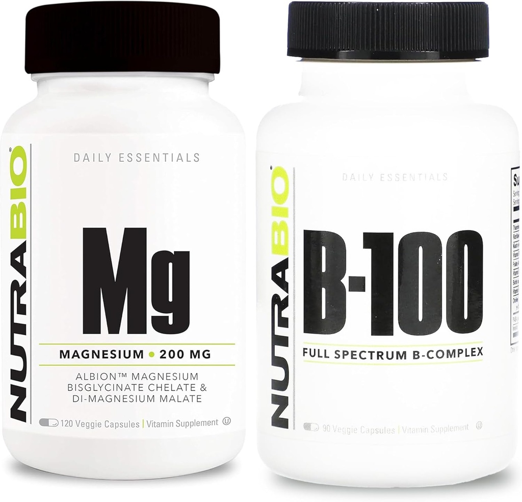 NutraBio B-100 B Vitamin Complex and Reacted Magnesium Supplement Bundle – Vitamin Supplement Bundle May Help with Immune System, Bone Health, Healthy Hair, Skin, and Nails