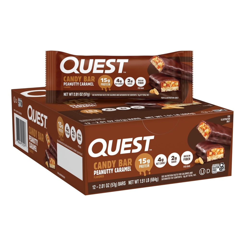 Quest Nutrition Protein Bar, Peanutty Caramel Flavor, 15g Protein, 2g Sugar, Low Sugar, Gluten Free, 12 Count