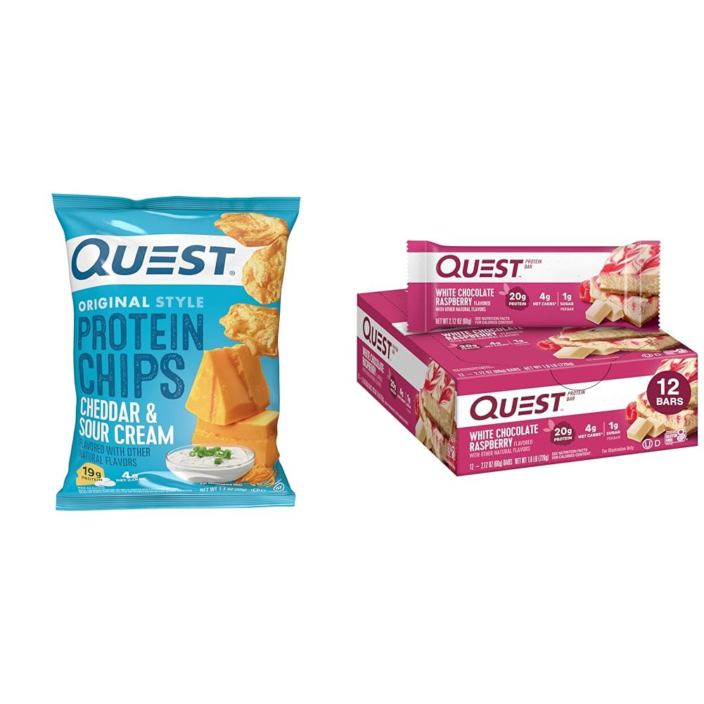 Quest Protein Chips, Cheddar & Sour Cream, 1.1 Ounce (12 Count) and White Chocolate Raspberry Protein Bars, 12 Count