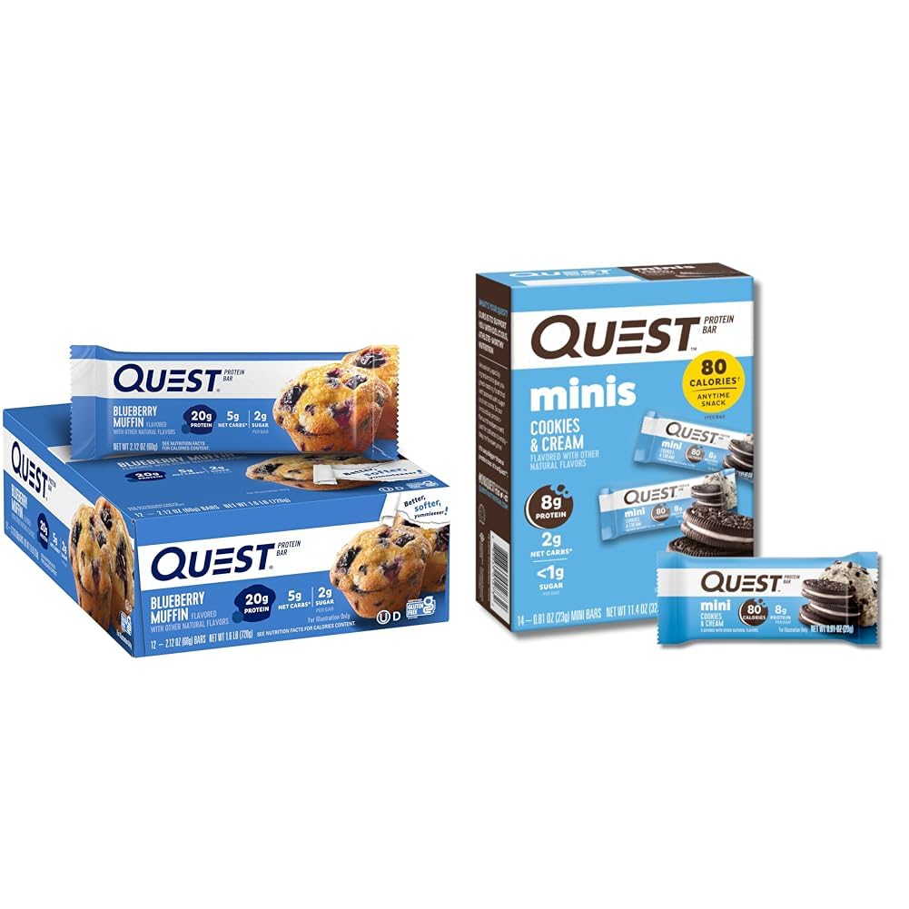 Quest Blueberry Muffin Protein Bars, 12 Count and Mini Cookies & Cream Protein Bars, 14 Count