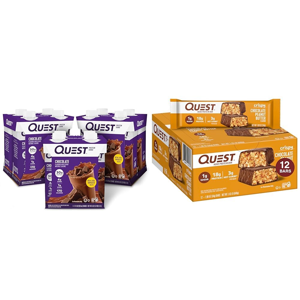 Quest Protein Shake Chocolate 12 Pack and Crispy Chocolate Peanut Butter Hero Protein Bars 12 Count