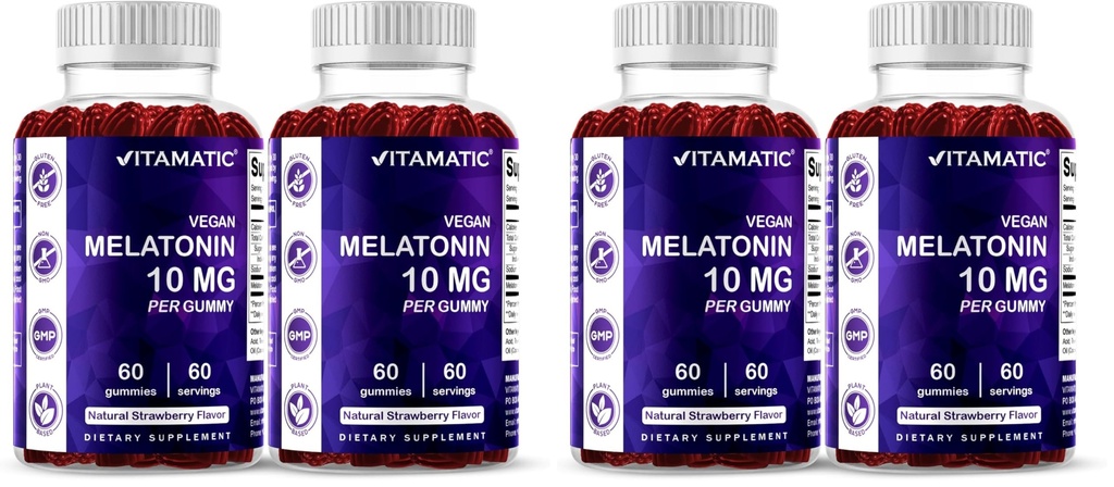 Vitamatic Melatonin 10 mg Vegetarian Gummies – Non-Habit Forming – 60 Gummies per Bottle – 4-Pack (Total 120 Vegan Gummies)