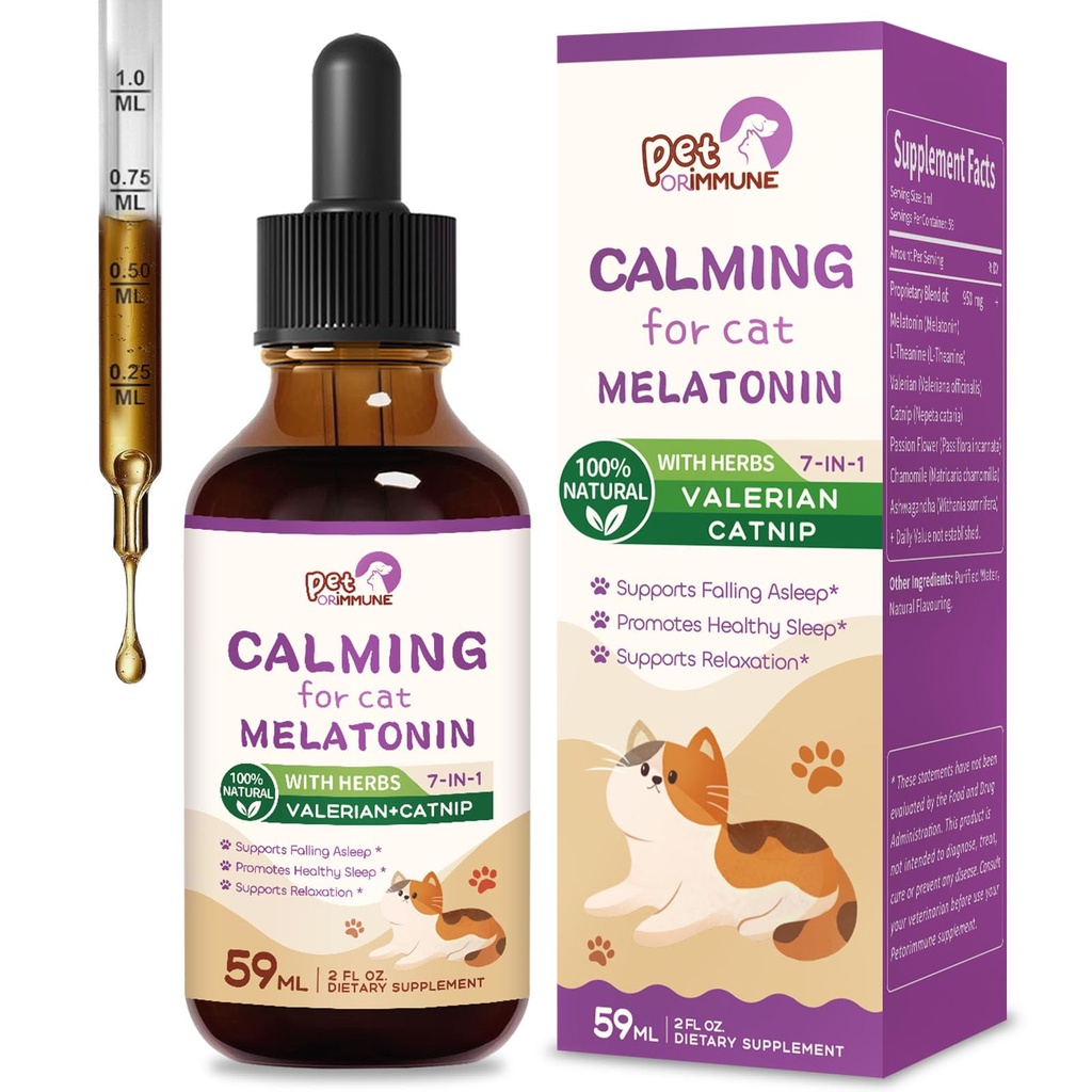 Cat Melatonin Natural Calming Drops, Support Falling Asleep & Healthy Sleep, Herbal Extract Relaxation Supplement with L-Theanine, Valerian, Catnip, Passion Flower and Chamomile. 2 oz