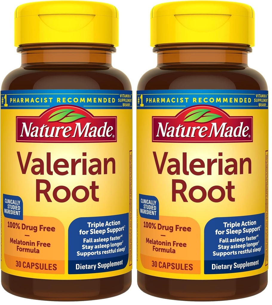 Nature Made Valerian Root for Sleep Support,Melatonin Free Sleep Aid for Adults,30 Valerian Root Capsules,30 Day Supply, (Pack of 2)