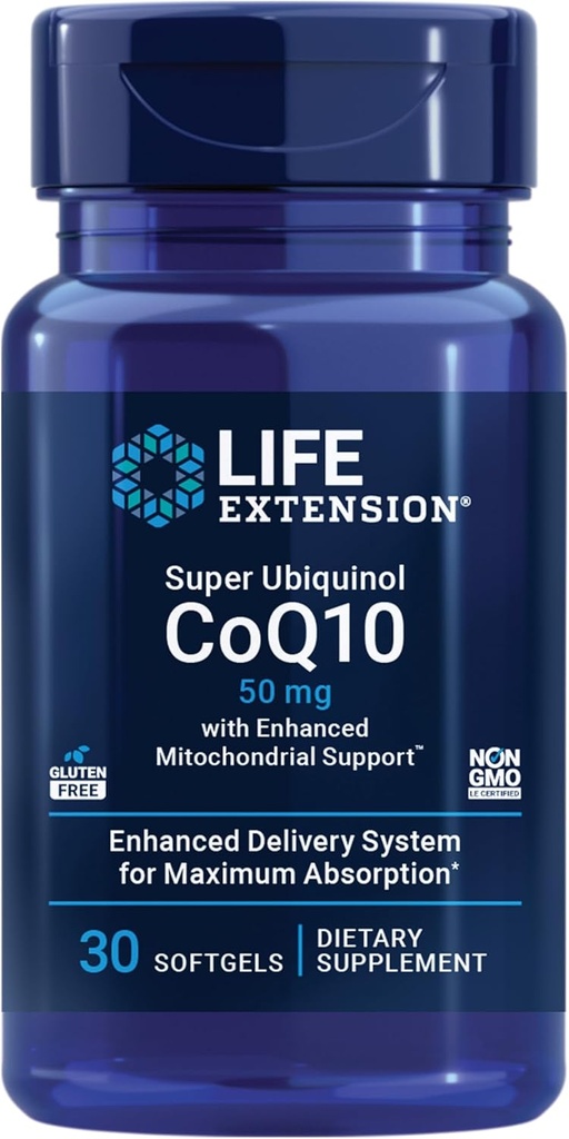 Extensión de vida Super Ubiquinol CoQ10 con apoio mitocondrial mellorado, Suplemento de saúde cardíaca, absorción máxima, 50 mg, non-GMO, Gluten-Free, 30 softgels