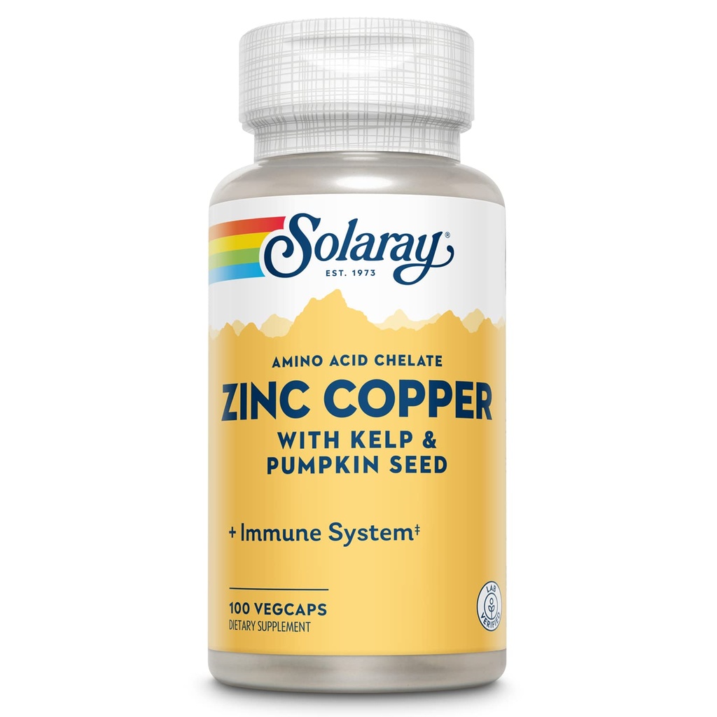 SOLARAY Zinc Copper Amino Acid Chelate, 100 VegCaps | Immune, Bone & Thyroid Support, Chelated Zinc, Copper & Iodine from Kelp, 100 Servings, Lab Verified
