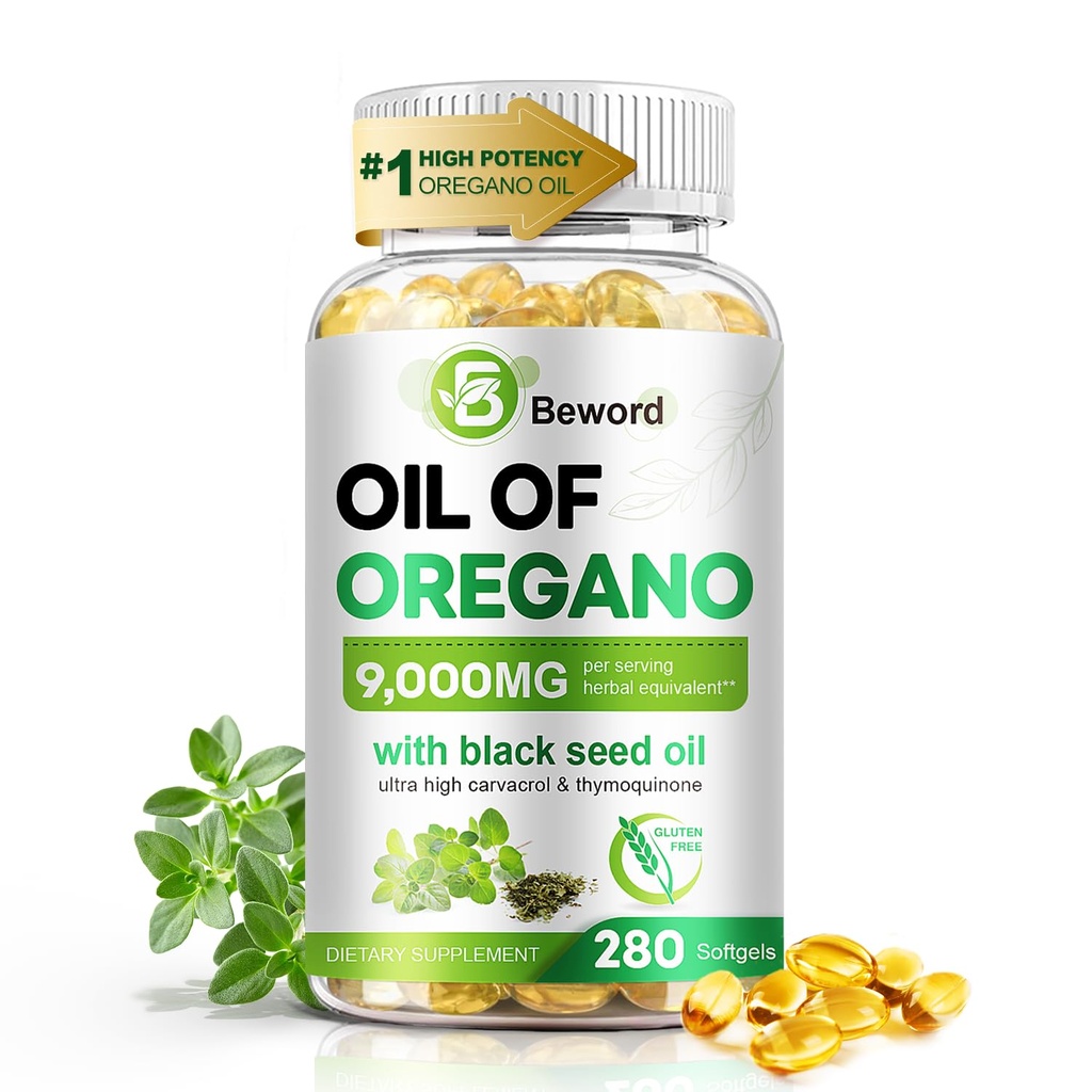 BEWORD Oil of Oregano with Black Seed Oil, 280 Softgels, 2-in-1 Oregano Supplement for Immune Health with High Carvacrol & Thymoquinone | Plant-Based, Non-GMO