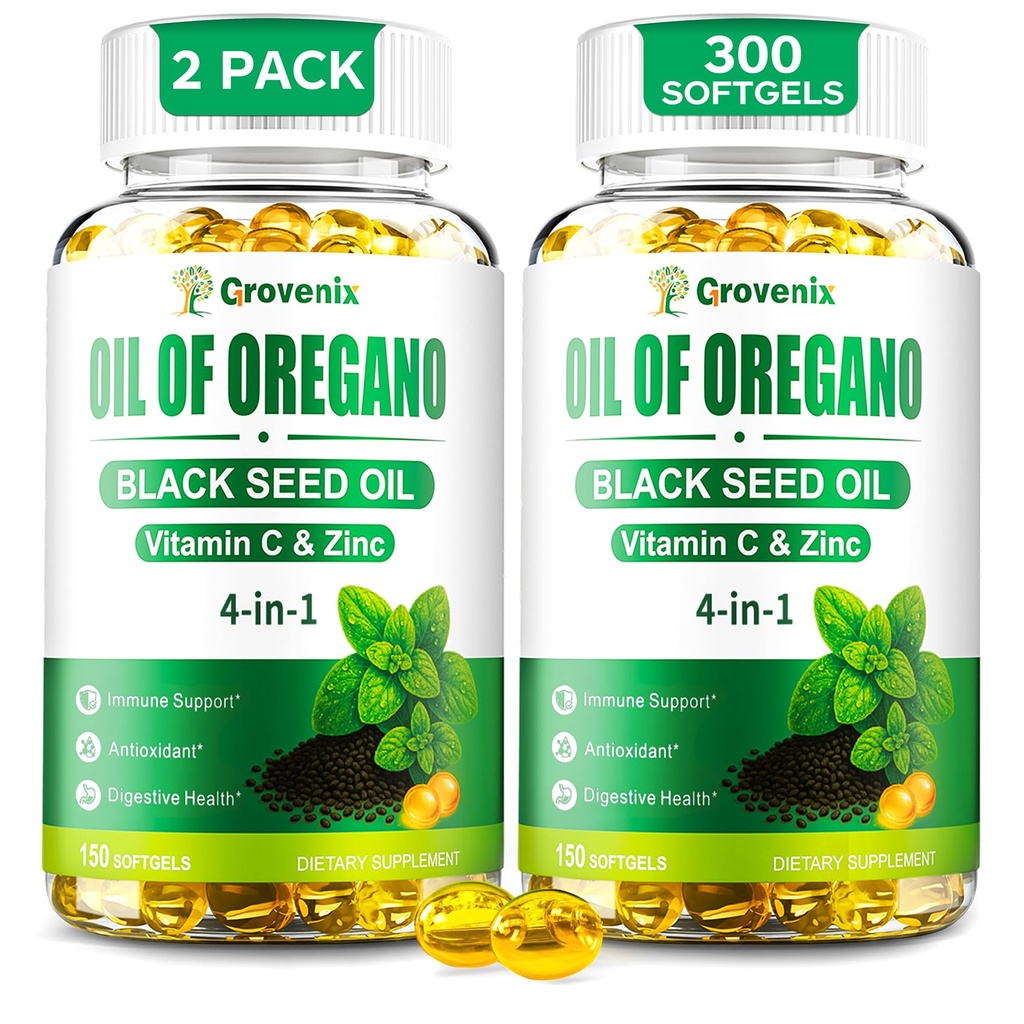 Oil of Oregano with Black Seed Oil, 300 Softgels | Organic | 4-in-1 Oregano Supplement for Immune Health with High Carvacrol & Thymoquinone + Vitamin C & Zinc | Plant-Based, Non-GMO