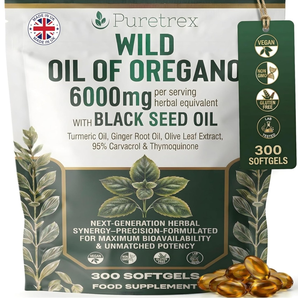 Wild Oil of Oregano 6000mg Black Seed Oil 300 Softgels, 95% Carvacrol & Thymoquinone, Turmeric, Ginger & Olive Leaf for Immune, Gut & Antioxidant Support, Vegan & Non-GMO