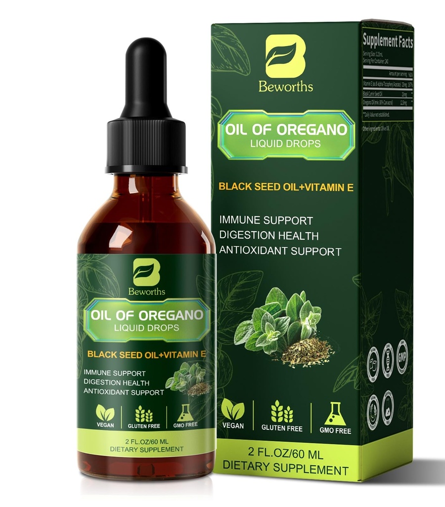 B BEWOTHS Organic Oregano Oil Drops | Oil of Oregano with Black Seed Oil, Vitamin E, 80% Carvacrol Oregano Drops for Immune, Antioxidant, Gut Detox Cleanser Support - Non-GMO, Vegan (240-day Supply)