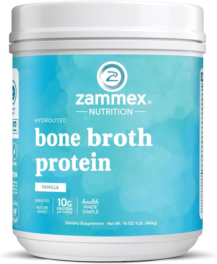 Zammex Bone Broth Білок Порошок, Чистий трави Fed Beef, Vanilla Білок Порошок,Гідролізований Колаген добавки для здорового шкіри,Нейлі,Війна,Геїн, Не-GMO,Gluten Free, Великий в шаке