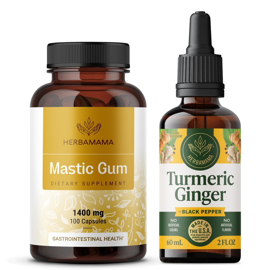 HERBAMAMA Mastic Gum and Turmeric Kit - Bundle of 1400 mg Mastic Gum Capsules & Turmeric Curcumin Tincture 4 fl oz - Vegan, Non-GMO, Sugar & Alcohol-Free - 2 Pack